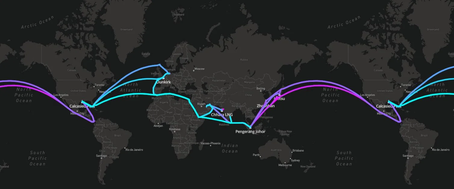 X-LNG route map of the Gulf producer's modelled book: Calcasieu Pass, Dunkirk, Ruwais, Chhara, Zhoushan, Pengerang