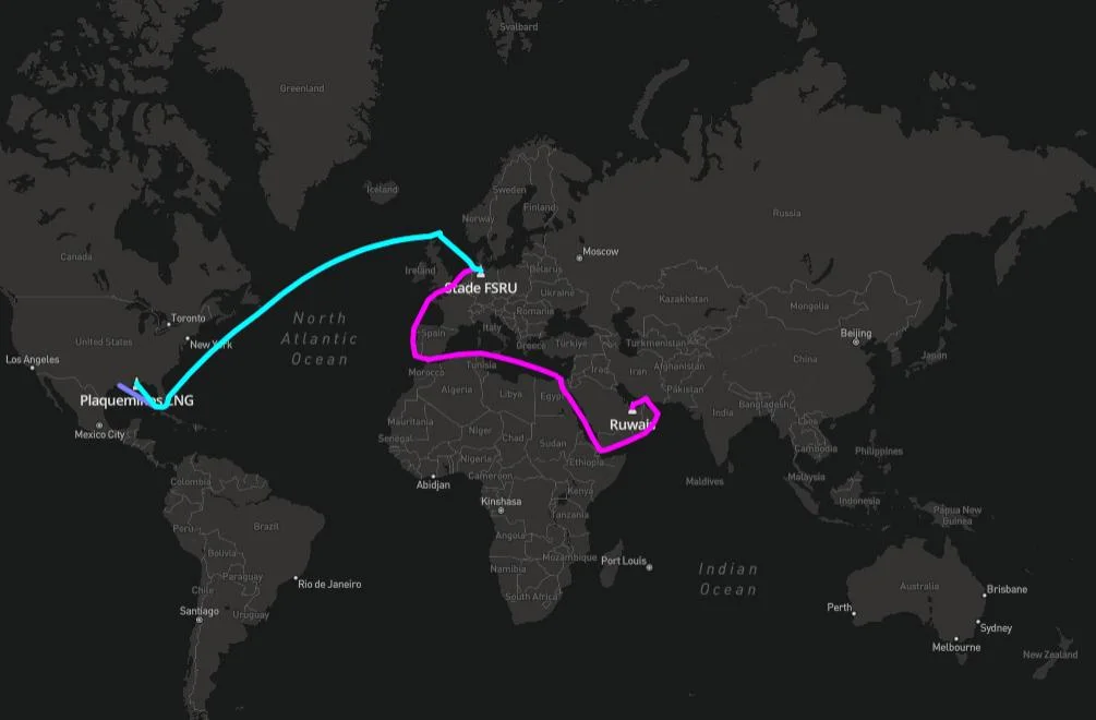 X-LNG route map of the European utility's modelled book: Plaquemines, Stade FSRU, Ruwais