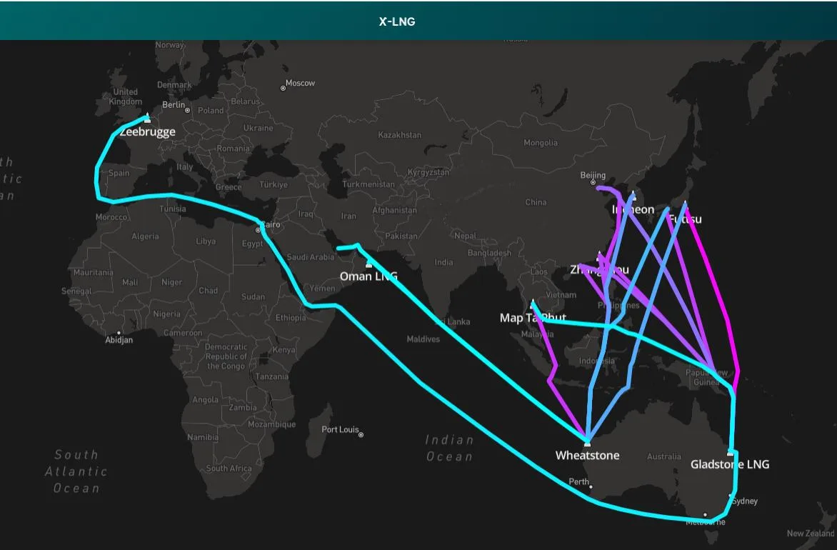 X-LNG route map of optimised flows from Australian terminals to Asian markets