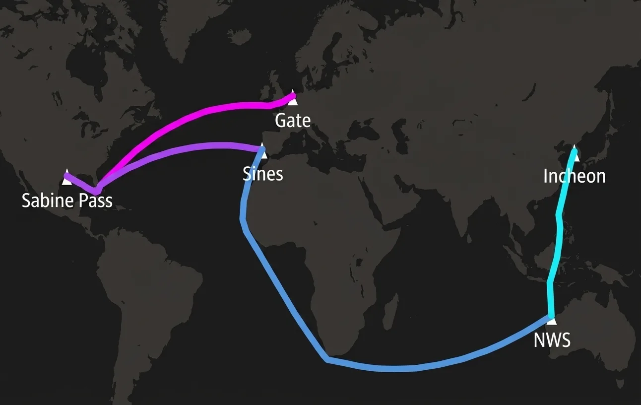 X-LNG route map: Australian supply with the Red Sea closed, rerouted around the Cape