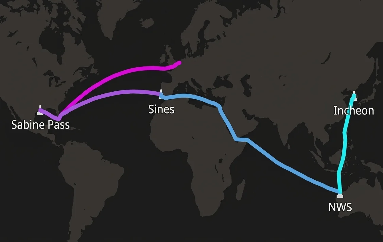 X-LNG route map: Australian supply with the Red Sea open, NWS reaching Sines via Suez