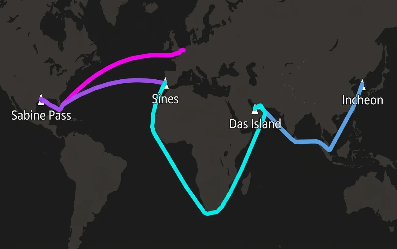 X-LNG route map: Middle East supply with the Red Sea closed, rerouted around the Cape