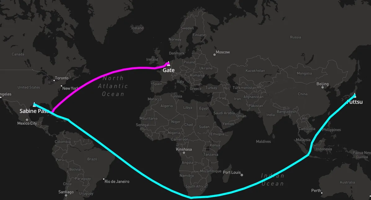 X-LNG route map: US-only book under closed canals, Futtsu served around the Cape of Good Hope