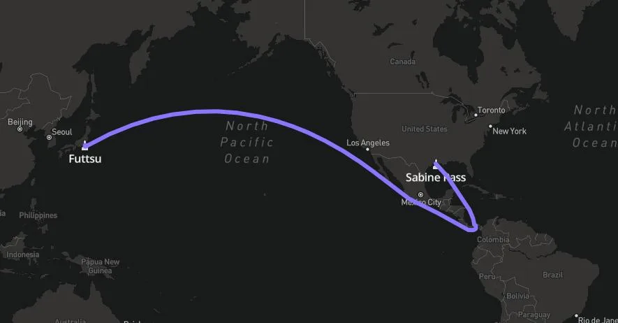 X-LNG route map of the Sabine Pass to Futtsu route through the Panama Canal
