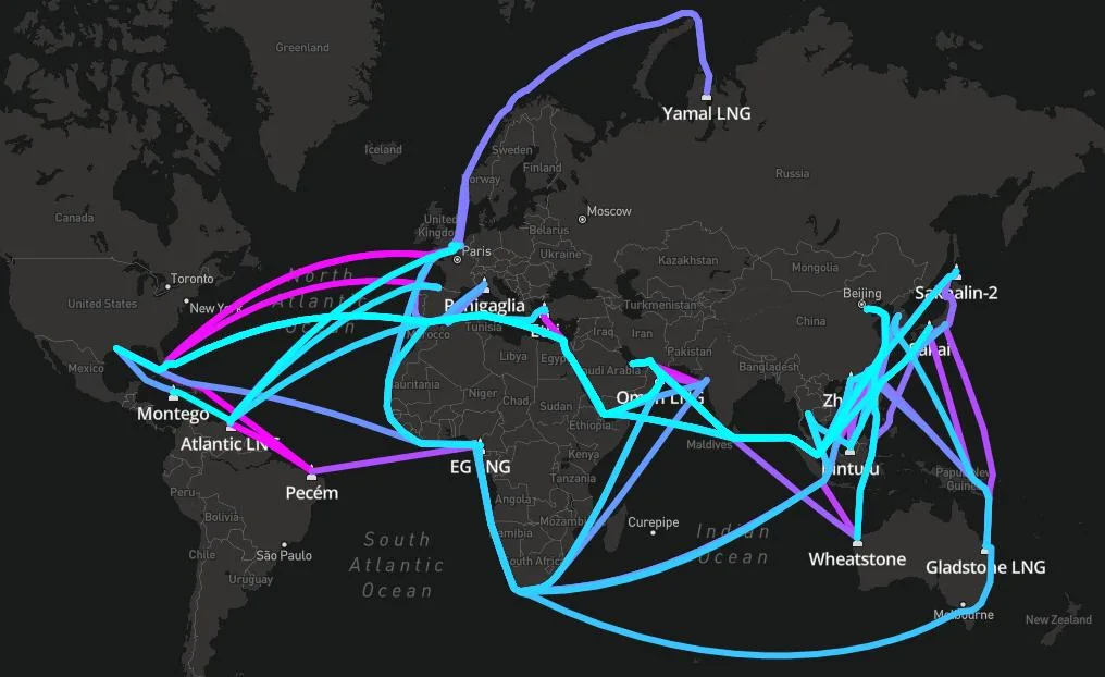X-LNG route map of the full global book across all terminals