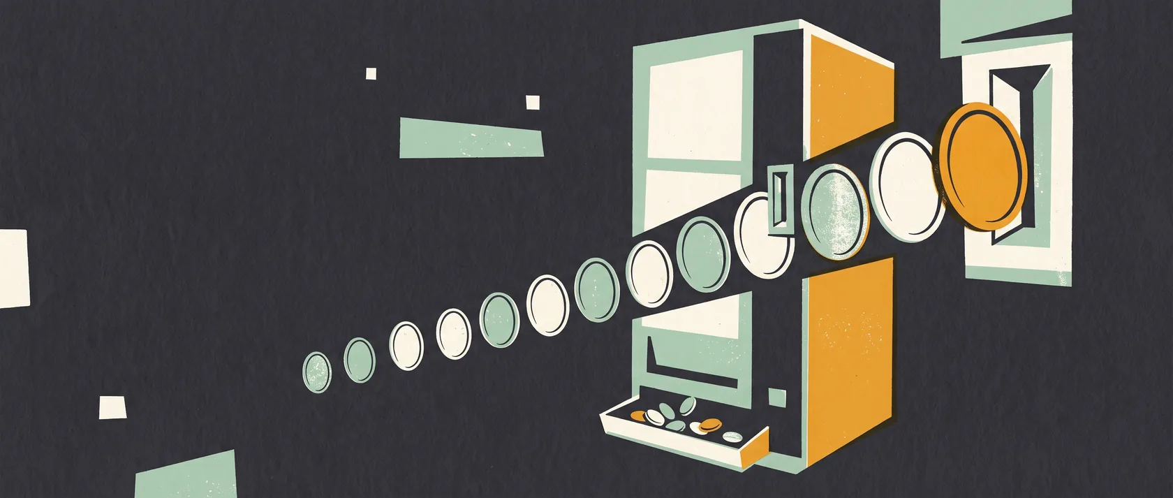 Screen-print style poster of coins growing toward a vending machine slot, one amber coin fitting exactly